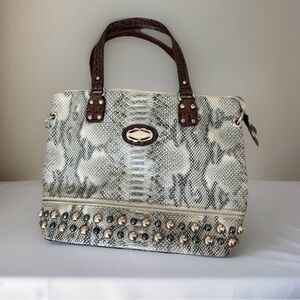 Snakeskin Print Studded Tote Bag Faux Leather Satchel Brown Shoulder Strap